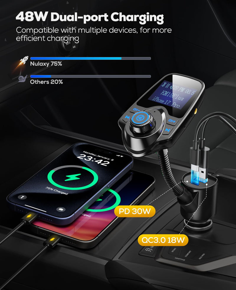 Nulaxy [2026 KM18 Upgraded Version] 48W Bluetooth 5.4 Car Adapter with Fasting Charging Ports [PD 30W & QC3.0 18W], Supports Hands-Free Call, 1.44" Screen Wireless Radio FM Transmitter, Black