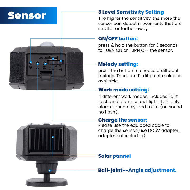 [AUSTRALIA] - Solar Wireless Driveway Alarm, Outdoor Motion Sensor Detector Alarms Driveway Alert System 2000ft Long Range with Rechargeable Battery, Outside Weatherproof / Expandable (1 Receiver and 2 sensors) 3 2 sensor and 1 receiver 