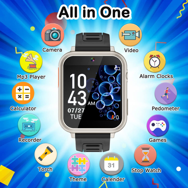 Kids Game Smart Watch for Kids with 24 Puzzle Games HD Touch Screen Camera Video Music Player Pedometer Alarm Audiostory Flashlight 12/24hr Kid Watch Gift for 4-12 Year Old Boys Girls Toys for Kid Silver Black