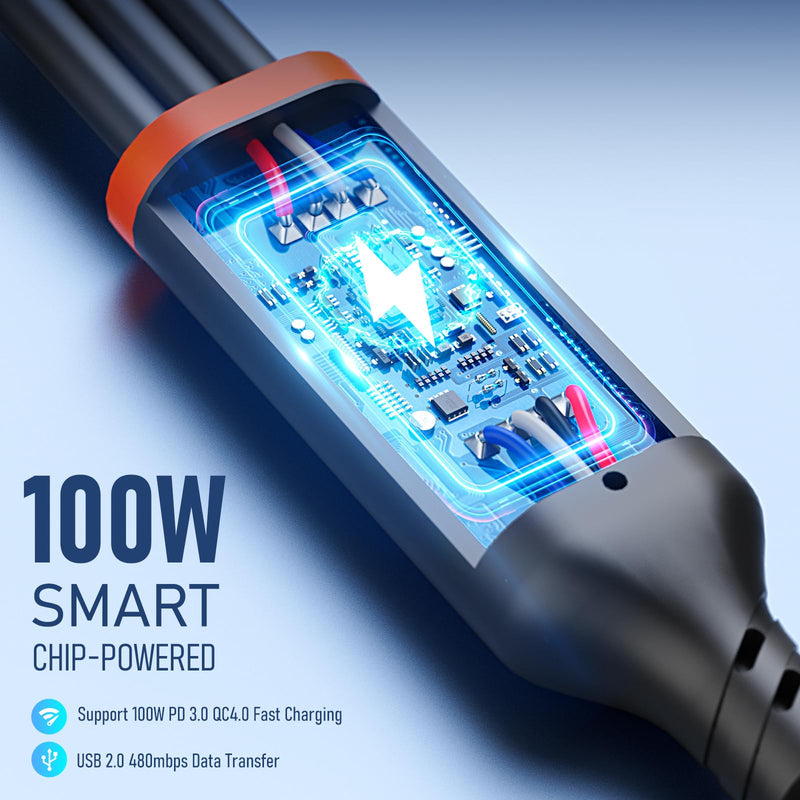 Travel Essentials 3 in 2 Multi Charging Cable 100W USB A/C to Dual USB C/for Apple Watch Charging Cable Silicone Fast Charge Compatible with iPhone 17-15 Series iPad MacBook, Type-C Devices 5FT-Black Black