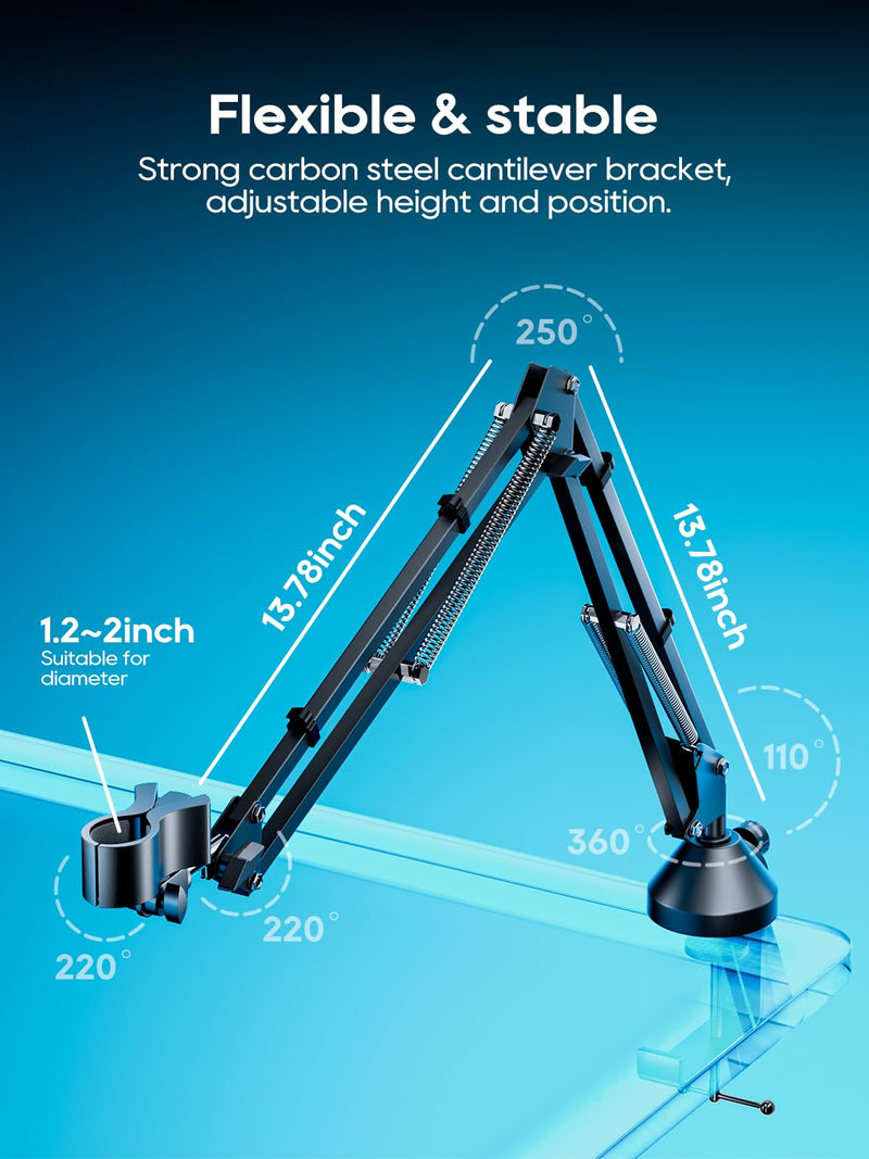 Boom Arm Micophone, Mic Arm Desk Mount Foldable with 3/8'' to 5/8'' Screw Adapter Adjustable Mic Stand for Podcasting Gaming Recording - Black M06 Black