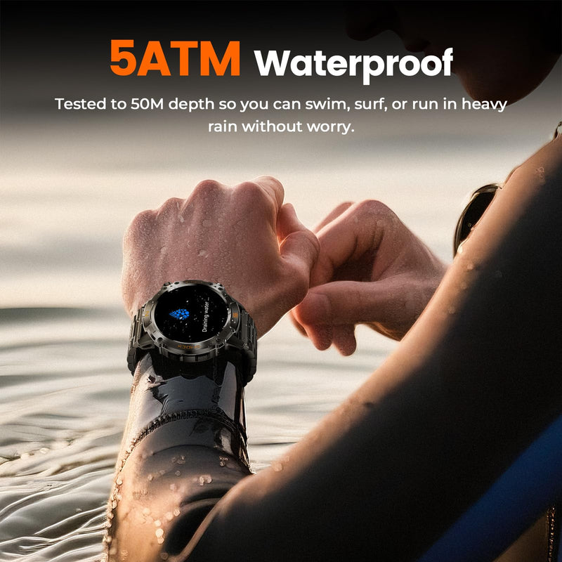 Rugged Smart Watch for Men, 5ATM Waterproof, 170+ Sports Modes,1.43" AMOLED | Round Health Fitness Tracker Watch, Tactical Military Smartwatch Compatible with iPhone Android Metallic