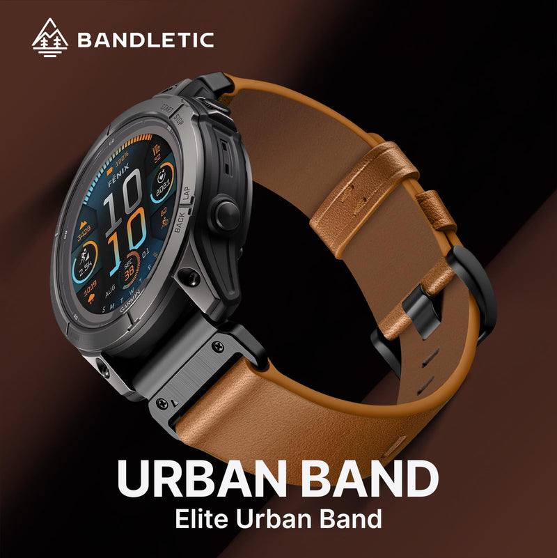 Bandletic 22mm Quick Fit Compatible with Garmin Instinct 3 Watch Bands | Leather Strap for Fenix 8 47mm/5 Plus/6/Instinct 3 E 45mm 2 /Forerunner 970/965/955/Quatix 8/Approach S70/S62/Epix/Descent G2 Camel 22