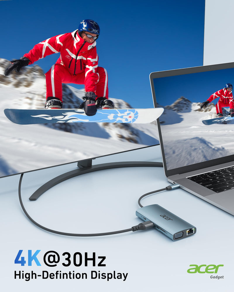 [AUSTRALIA] - Acer USB C Hub with 4k HDMI, 9-in-1 USB C to Ethernet Adapter, 5Gbps USB-A 3.1 Docking Station, PD 100W Charging, SD Card Reader, USB to VGA Splitter for MacBook, Acer, Laptops, Surface and More Space grey 