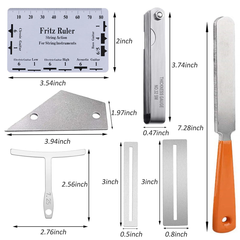 Guitar Luthier Tool Set,Including Fret Crowning File,Guitar Radius Gauge,String Action Ruler Gauge,Blades Feeler Gauge,Needle File,Fingerboard Guards for Guitar and Bass Setup