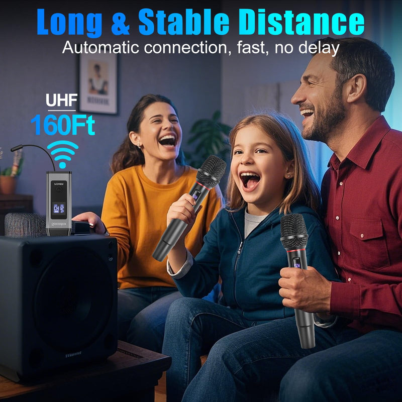 Wireless Microphone System for Karaoke, Dual UHF Metal Wireless Mic with Rechargeable Receiver, for PA System, Speaker, Party, DJ, Wedding, Church (Black) Black