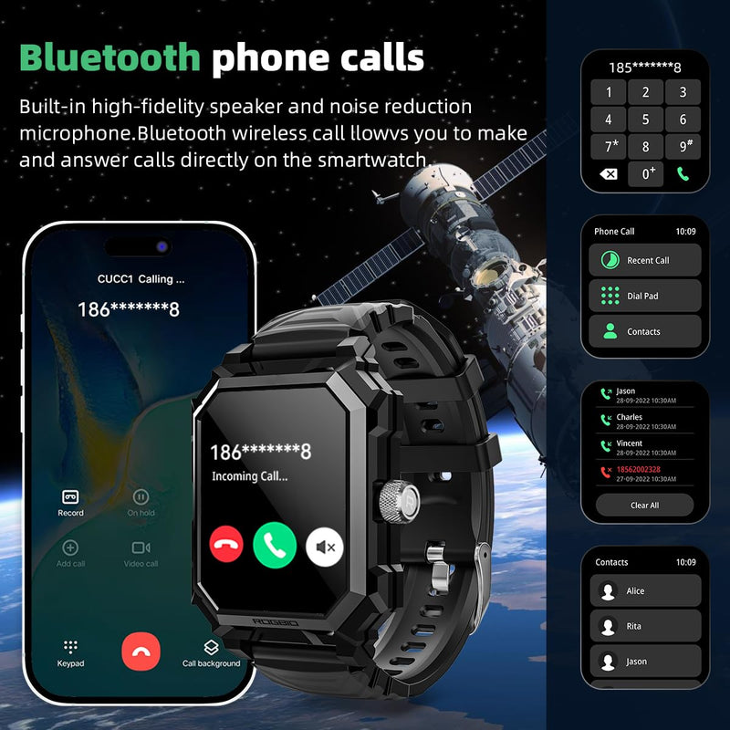 Rogbid Military Smart Watch for Men | Answer/Dial Call, 680mAh Battery, IP69 Waterproof, Blood Pressure Heart Rate, Android Phones Compatible, Fitness Tracker Decepticon-Black
