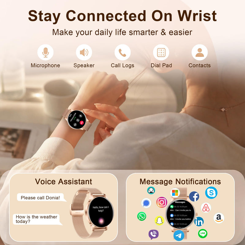 Smart Watches for Women, 1.27" HD Round 3 Bands Rosegold | Fitness Tracker for Android Phones & iPhones, Answer/Make Calls, Sleep Monitor, IP68 Waterproof, 110+ Sport Modes