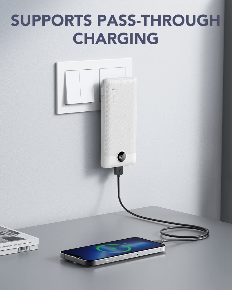 VRURC Portable Charger Built-in Cables and AC Wall Plug, USB C Power Bank 10000mAh, [2023 Upgraded Version] Phone Charger Compact Lightweight External Battery Pack for Smart Phones, Tablets etc-White White