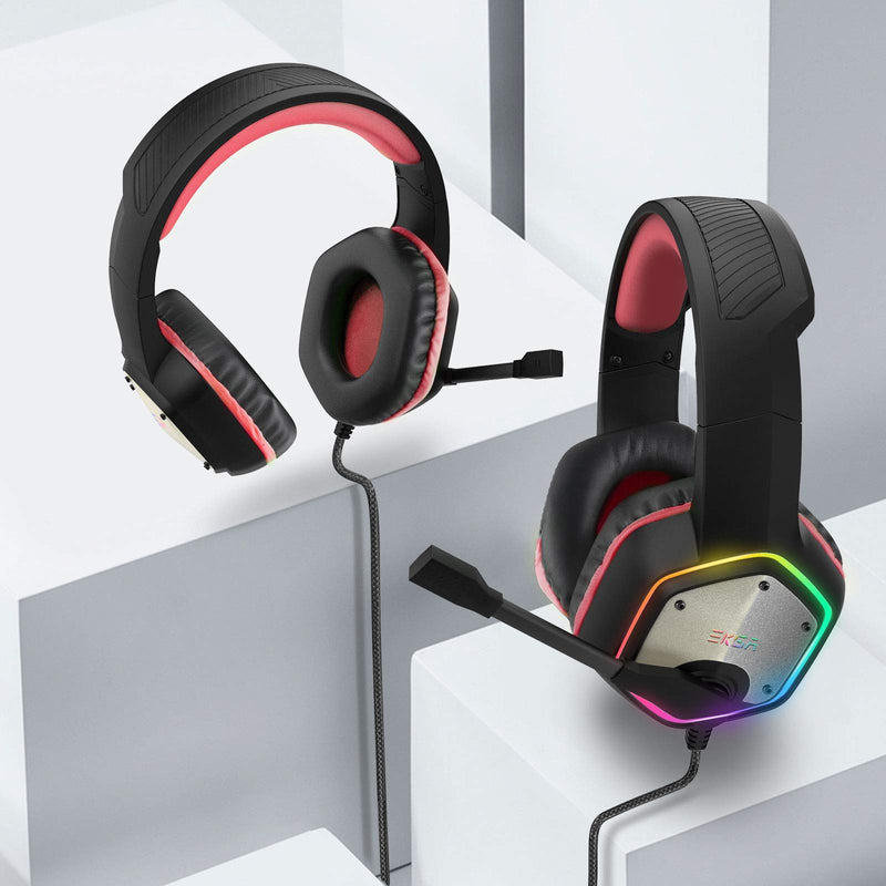 EKSA E1000 Gaming Headset, Computer Headphones with Noise Canceling Mic & RGB Light, 7.1 Surround Sound, Compatible with PC, PS4 PS5 Console, Laptop (Red) Red