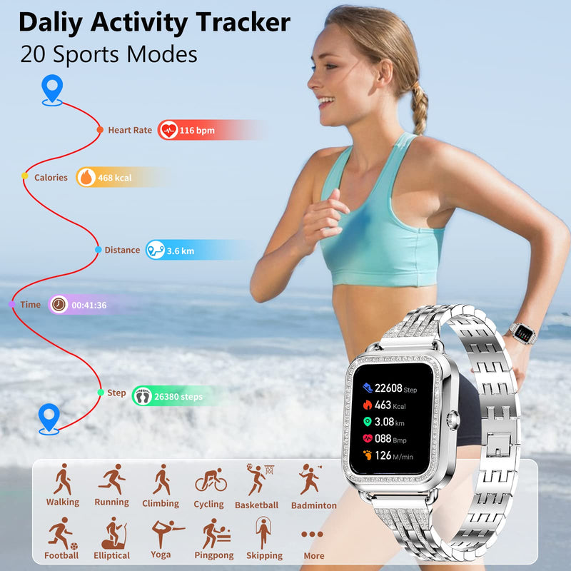 Efolen Smart Watches for Women with Diamonds (Answer/Make Call), 1.57'' Bluetooth Smartwatch for Android iOS Phones, Waterproof Fitness Tracker with Heart Rate/SpO2/Sleep/BP/AI Voice (Silver) Silver
