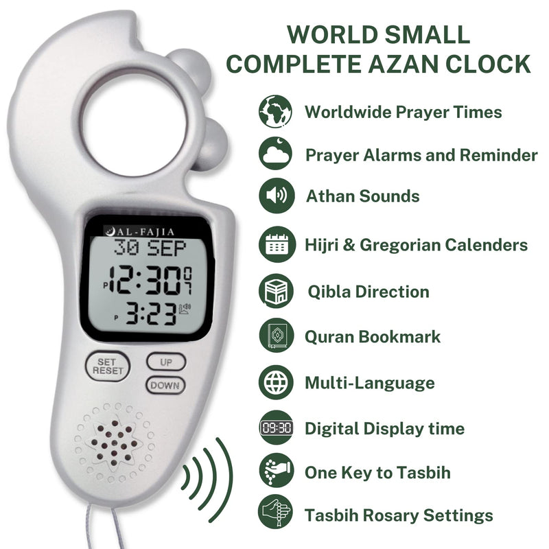 Islamic Prayer Time and Athan Sound Reminder Digital Tasbih Counter, Full Azan Clock for USA and Worldwide, Portable Silver