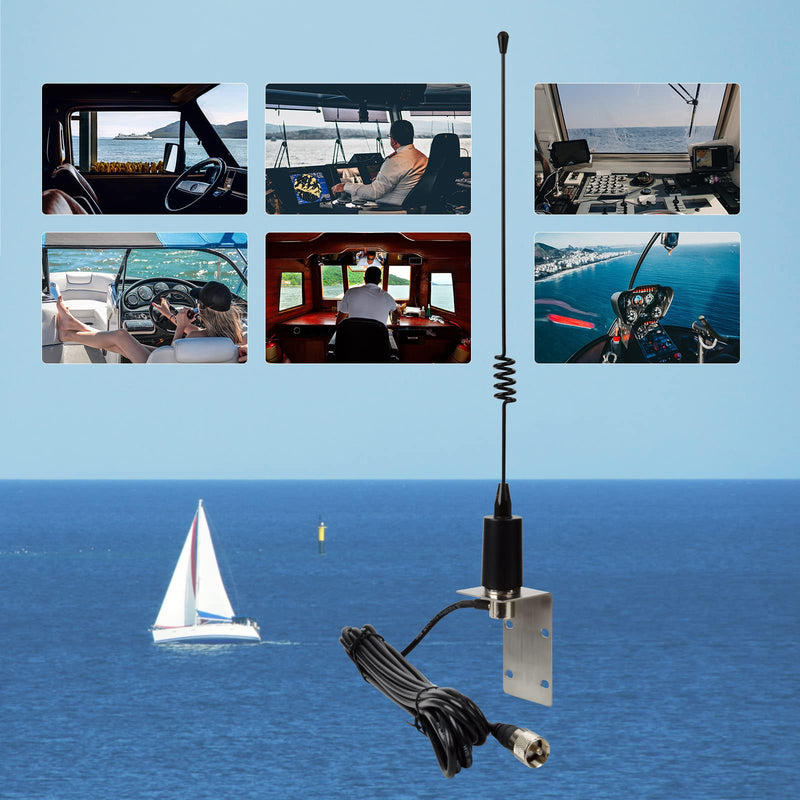 UAYESOK Stainless Steel Marine VHF Antenna, 15 Inch Low Profile | Boat Antenna for Cobra Icom Uniden Standard Horizon Marine VHF Radio, 16.4ft RG-58 Coaxial Cable, L-Mount Bracket
