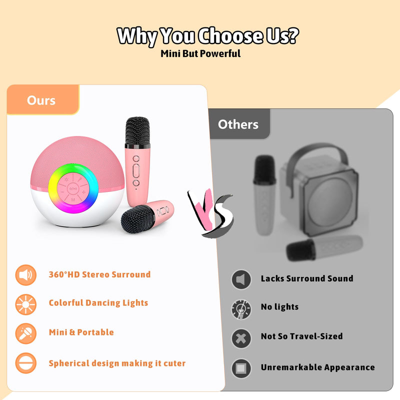 Karaoke Microphone Machine Toys for Kids Adults, Mini Portable Bluetooth Speaker with 2 Wireless Mics, Christmas Birthday Gifts for Boys Girls Ages 3 4 5 6 7 8 9 10 11 12+Year Old Pink Pink-2 Mics