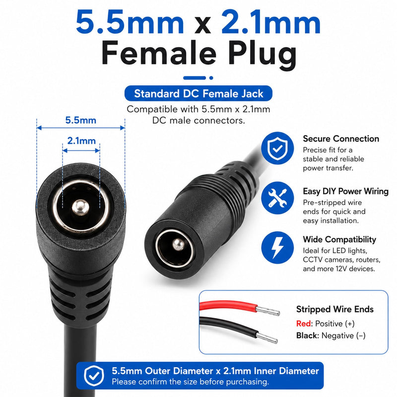 4Pcs 1FT 14AWG 15A 12V DC Power Pigtail Cable, 5.5mm x 2.1mm Male Barrel Plug to Bare Wire Open End Repair Cable for CCTV Security Camera DVR LED Strip Light