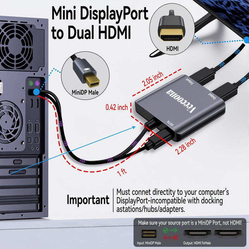 Mini DisplayPort to Dual HDMI Adapter | 4K60Hz for Dual Monitors | Thunderbolt 2 DP Male to HDMI Female Splitter Extended Display port splitter for MacBook Air/Pro, Mac mini, Surface Pro/Dock