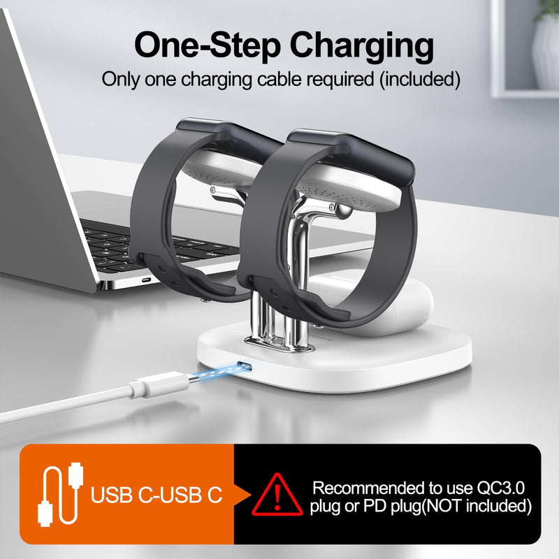 Dual Watch Charger Stand for Apple Watch, 3 in 1 Wireless Charging Station Stand Compatible with Apple Watch Ultra 2/9/8/7/6/5/3/2/SE, Wireless Charger Dock for Airpods Pro 2/3/2 (White) White