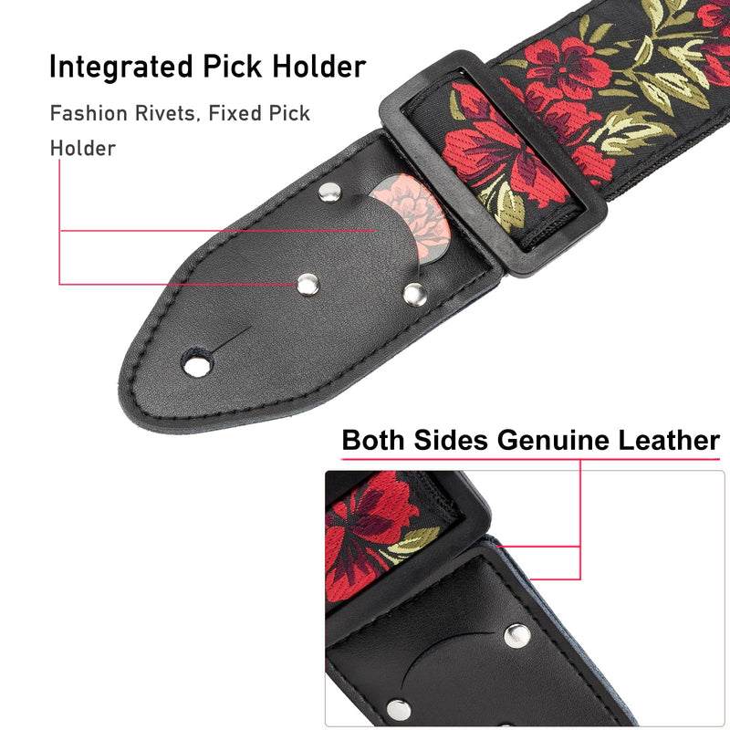 Adjustable Guitar Strap for Electric/Acoustic Guitar/Bass, Includes 2 Picks + Strap Locks + Strap Button, Cotton Jacquard Embroidered Genuine leather Ends Guitar Straps with 1 Pick Holder, Rose Rose&strap Button