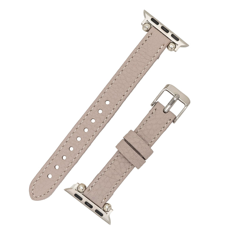 Handmade Slim Leather Watch Band for Apple Watch Series 9 8 7 6 5 4 3 2 1 SE Ultra 2 1 Compatible with 38 40 41 42 44 45 49mm Apple Watch Straps for Women & Men 7-9 Inches, Beige 42 44 45 49mm Beige w/Silver Connector&Clasp 49mm/45mm/44mm/42mm