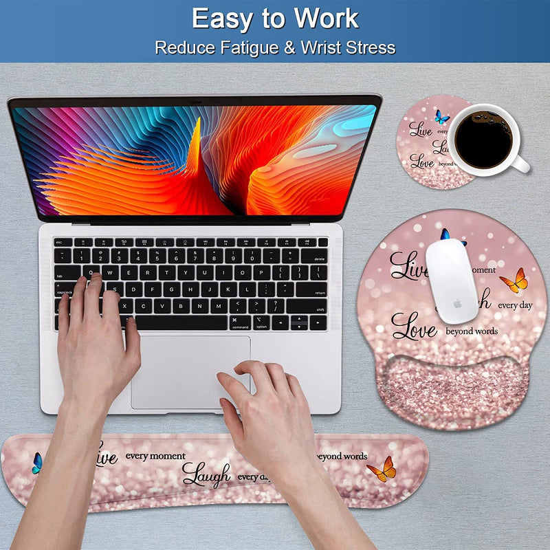 Keyboard Wrist Rest and Mouse Pad Wrist Support Set with Coasters, Non-Slip PU Base Ergonomic Gaming Mousepad for Home Office Working Studying Easy Typing & Pain Relief, Glitter Quote Live Laugh Love