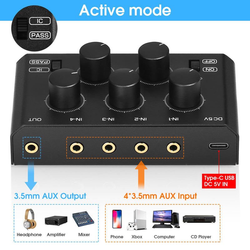 DoukAudio MC5-BX Mini Audio Mixer: 4-Channel Ultra Low-Noise Stereo Line Mixer for Home Studio Bar, Active & Passive Modes, Portable Metal Design for Musicians DJs
