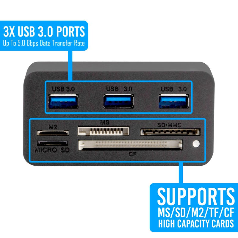 Kingwin USB HUB Adapter w/ Memory Card Reader Writer & USB 3.0 HUB Combo - Supports High Speed SD MS Micro M2 CF Card Reader For Macbook, Laptop, Desktop - Includes USB Cable 5 Gbps Speed, Black