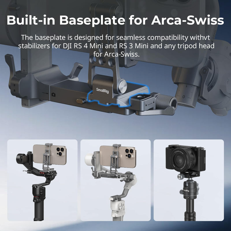 [AUSTRALIA] - SMALLRIG Metal Phone Mount with Baseplate for Arca-Swiss,Compatible for DJI RS 4 Mini & RS 3 Mini, Phone Mount Adapter Support Free Adjustment Joints, Phone Tripod Mount for iPhone 17/16/15-5338 