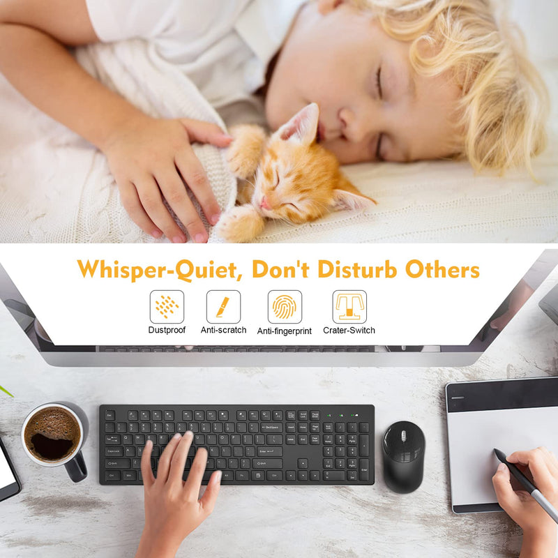 Wireless Keyboard and Mouse, Trueque Silent 2.4GHz Cordless Full Size USB Keyboard Mouse Combo, Long Battery Life, Lag-Free Wireless for Computer, Laptop, PC, Window, Mac, Chrome OS(Black) Black