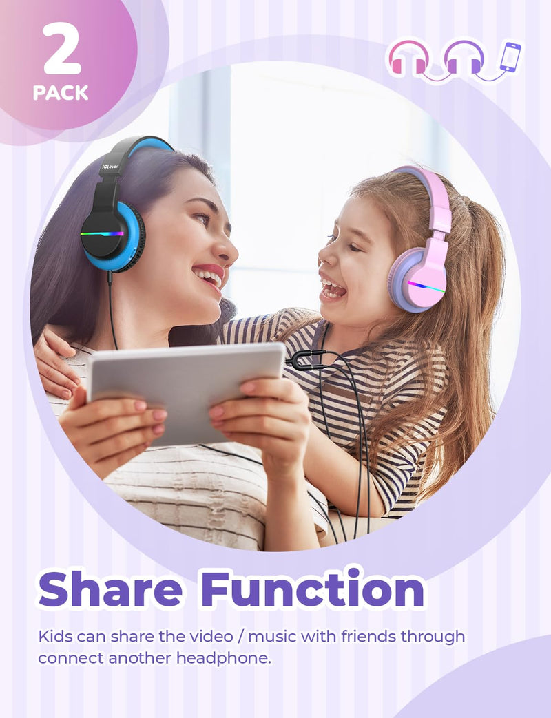 iClever BTH12 Kids Bluetooth Headphones 85H Playtime with LED Lights Travel | SafeSound Tech, Stereo Sound, USB C Charging AUX Cable Over Ear Built-in Mic, Kids Wireless Headphones for Toddler Boys Girls Pink&Black