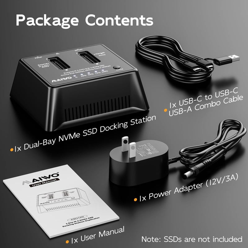 MAIWO Dual M.2 NVMe Cloner, 10Gbps USB 3.2 Gen 2 External SSD Docking Station for PC Laptop, Standalone Offline Duplicator Tool-Free for M-Key SSD 2230 2242 2260 2280 22110