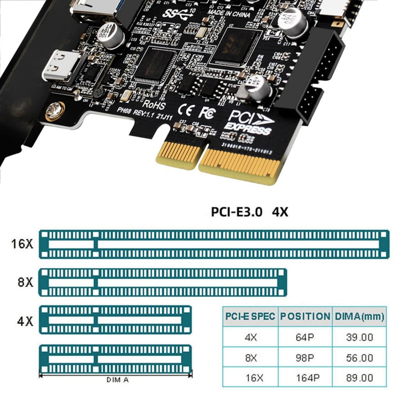 chenyang 4 Port PCI-E 4X to USB A/USB C/USB 3.0 20Pin/USB 3.1 Front Panel Socket USB 3.1 Gen2 PCI Express Expansion Card Adapter with ASM3142 VL822 Dual Chipset 4 Port USB 3.0/USB C/USB 20Pin/USB 3.1