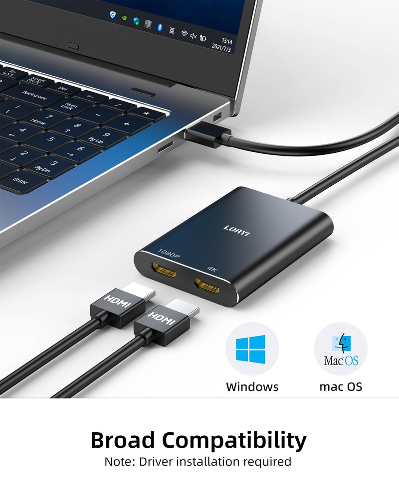 USB 3.0 to Dual HDMI Adapter Compatible with Windows/Mac OS, 4K@30Hz/1080P@60Hz, Hdmi USB to HDMI Splitter, MST Mode, USB to hdmi Adapter for 2 Monitors