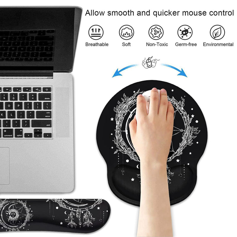 Keyboard Wrist Rest and Mouse Pad Wrist Support Set, Non-Slip PU Base, Easy Typing and Relieve Wrist Pain, Perfect for Home Office Working Studying, Celestial Theme Sun with Crescent Moon