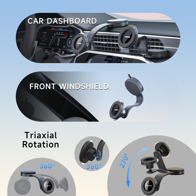 Anti-Shake Vacuum Suction Cup Phone Mount - 108LBS, Magnetic Car Mount, Bendable Car Phone Holder for Windshield Dashboard,Memory Alloy Arm, Car Accessories for iPhone 17/16/15，Texture Black Texture Black