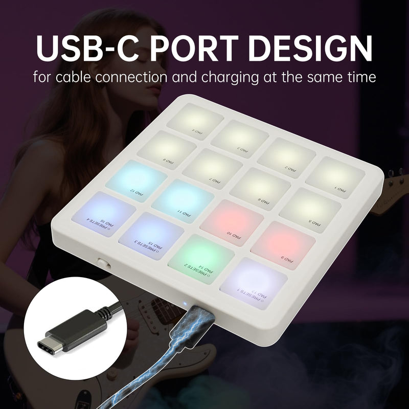 M-VAVE MIDI Controller Drum Pad Wireless Bluetooth MIDI Keyboard 16 Strike Pad Velocity Sensitive, Note Repeat, Full Level Buttons RGB Backlight Portable with Wired USB-C Built-in Battery