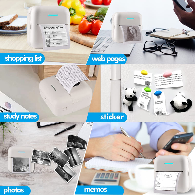 HuiJuKeJi Mini Sticker Printer Bluetooth Smart Pocket Inkless Thermal Printer with 11 Rolls Thermal Paper and Sticker for iOS&Android, Portable Receipt Printer for Photo Journal Notes Memo White