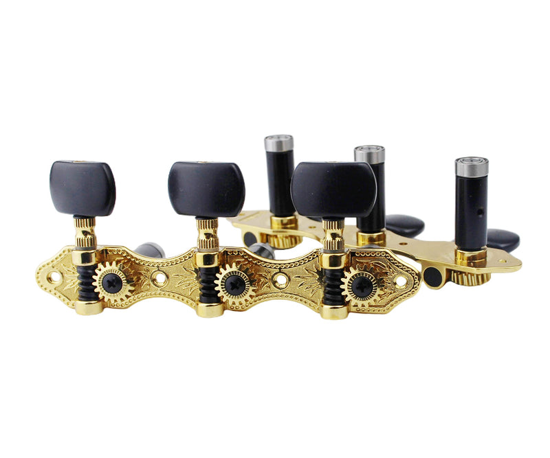 Guyker Classical Guitar Tuners, 1:18 Ratio Open Frame Style Acoustic Guitar Tuning Keys Steel String Pegs Machine Heads 2 Planks (3+3) (Gold, Black Button) Gold, Black Button