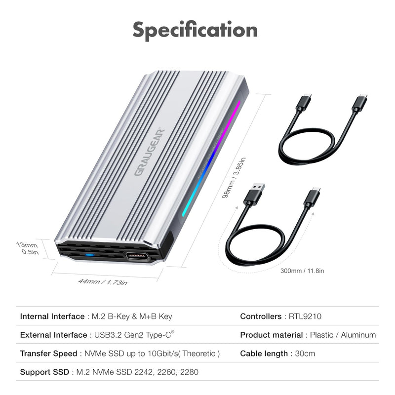 GRAUGEAR M.2 SSD NVMe Enclosure RGB, 10Gbps USB3.2 Gen2 Tool-Free Aluminum External M2 Solid State Drive NVMe Enclosure USB C, RTL9210 External Case for PCIe NVMe M-Key B+M Key [G-M901-AC-10G]