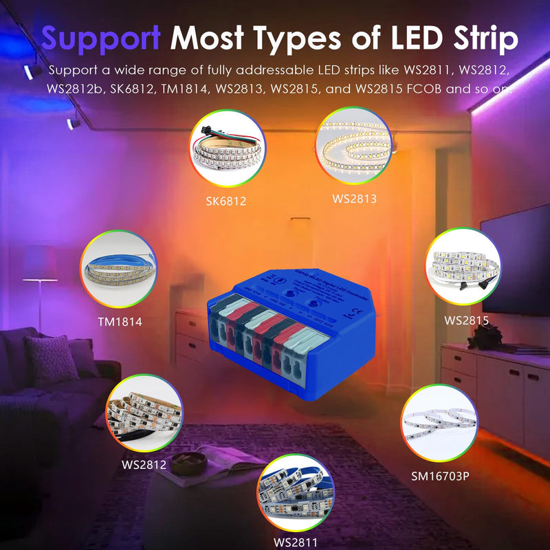 Compact WLED Controller with Mic, ESP32 DC 5V-24V Addressable LED Controller Digital RGB IC (WS2811 WS2812B SK6812 WS2815) WLED Open Source Firmware Pre-Installed