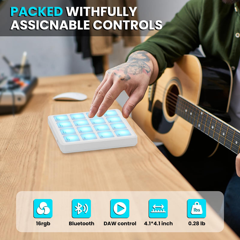 M-VAVE Wireless MIDI Controller Pads, 4.1 * 4.1 Inch, 0.28 LBS, Bluetooth Portable USB with 16 Drum, Note Repeat, Full Level Buttons, Rechargeable battery (White Pocket) White Pocket