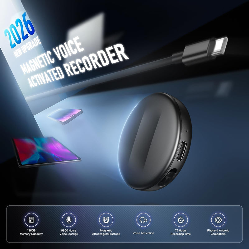136GB Natesukii Magnetic Digital Voice Recorder - 9800Hrs Recording | AI Noise Reduction, Audio Recorder with Convenient OTG Playback, Voice Activated Recorder for Interview Lecture Meeting 136.0 GB