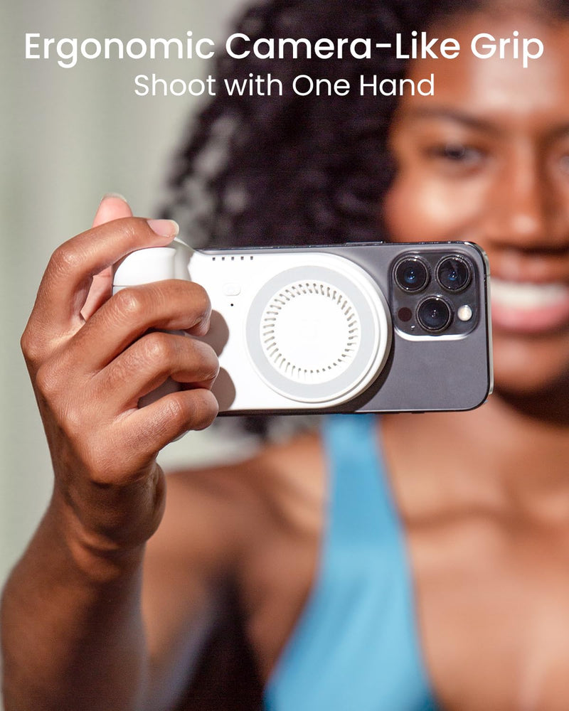 [AUSTRALIA] - KraftGeek Magnetic Phone Stand Camera Grip with Wireless Charging & Bluetooth Shutter, Stand for iPhone, Ergonomic Handle for Vlogging, Selfies & Video Calls White 