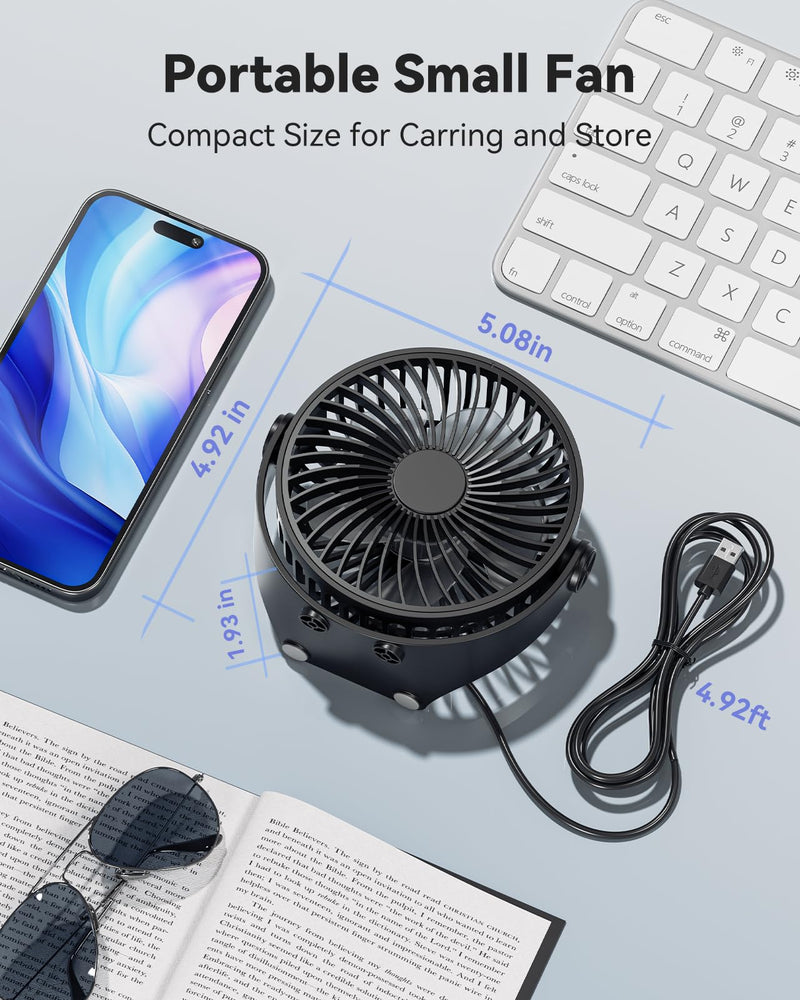 USB Desk Fan, 5 Inch Mini Portable Fan, 3 Speeds Strong Airflow Personal Desktop Fan, Detachable Cooling Fan 360° Rotation Quiet Small Fan for Desk Home Office Travel Car, Black, 5ft Cable