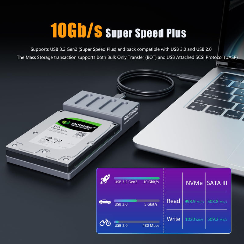 GLOTRENDS H7 10Gbps USB-C to 2.5 Inch U.2/U.3 & SATA SSD/HDD Lay-Flat Docking Station, RTL 9210C Controller, Aluminium Alloy Body, USB C to C and C to A Cable