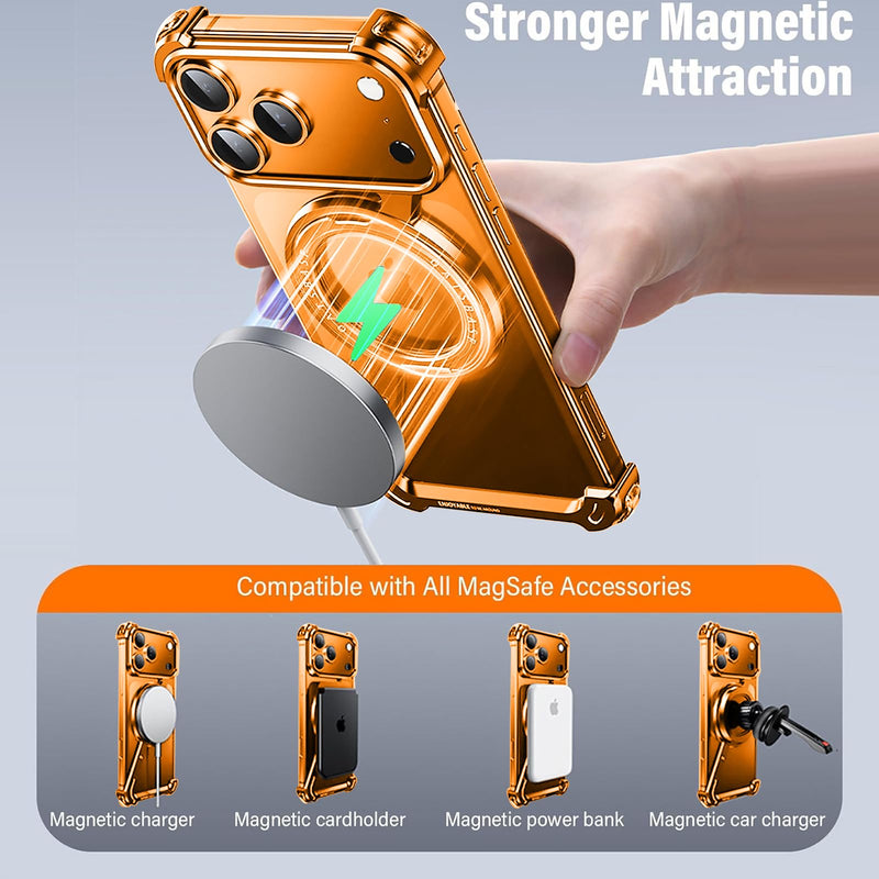 Omio for iPhone 17 Pro Max Bumper Case Compatible with MagSafe, Magnetic Kickstand Slim Aluminum Metal Frameless Borderless Minimalist Design Z Case Shockproof Stand Cover for Men, Orange