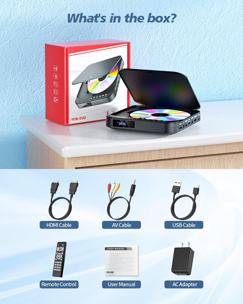Desobry Mini DVD Player HDMI, 1080P HD Small Compact DVD Player for Smart TV with All Region Free, DVD CD Player with AV Output, USB/TF Card Input, Remote Control, Support PAL/NTSC Black