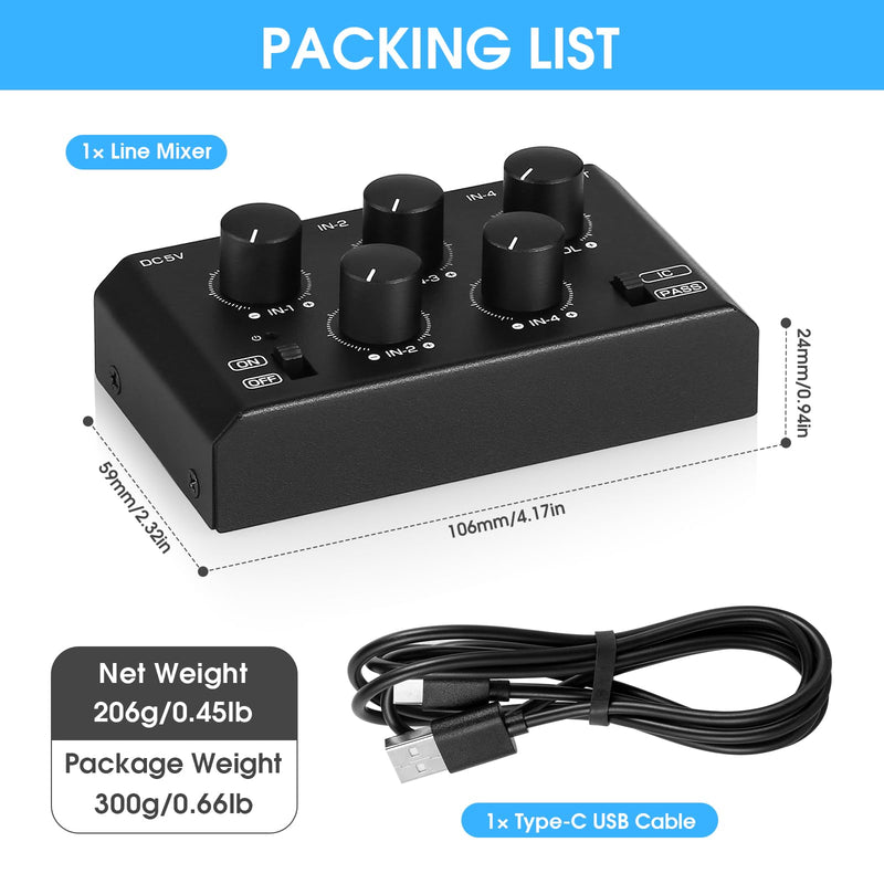 DoukAudio MC5-BX Mini Audio Mixer: 4-Channel Ultra Low-Noise Stereo Line Mixer for Home Studio Bar, Active & Passive Modes, Portable Metal Design for Musicians DJs