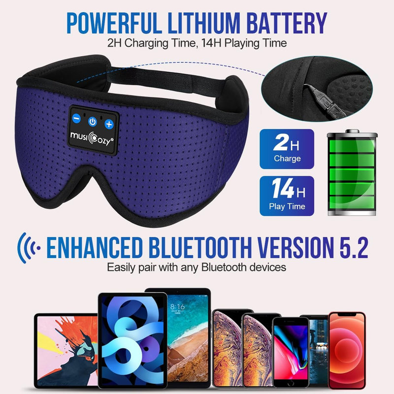 MUSICOZY 3D Sleep Headphones Bluetooth 5.4 Breathable Sleep Eye Mask | Cooling Fabric Lining with Blackout Design for Side Sleeper, HD Stereo Sound, 14 Hours Playtime for Sleep, Travel, Relaxation Dark Blue