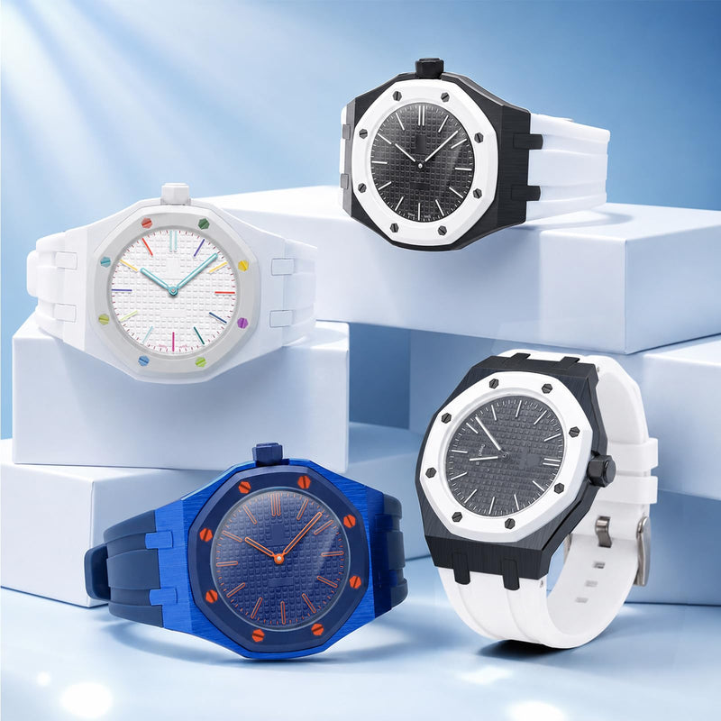 Luxury Aluminum Case Band Mod Kit Compatible with AP Swatch Royal Pop for Men Women, Lightweight Shockproof Aluminum Bumper Case with Sport Silicone Replacement Strap Black White(At 3 o'clock)