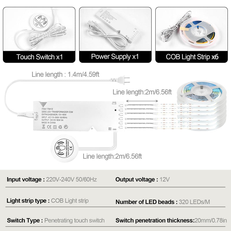 [AUSTRALIA] - 12V White COB LED Strip Light Kit-6pcs 3.3FT Self-Adhesive LED Strip Parallel with Dimmable Touch Sensor Switch, Led Light Strip for Wood Slat Wall Panels, Home decor, Under Cabinet Strip Light 6pcs 3.3FT 